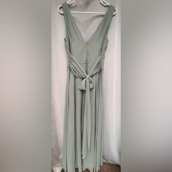David’s Bridal Dusty Sage Long Chiffon Surplice Tank Dress - Picture 2 of 9